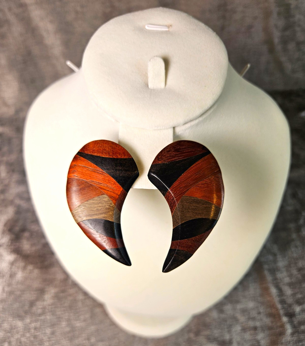 Multicolor Wood Crescent Stud Post Earrings Unique Vintage